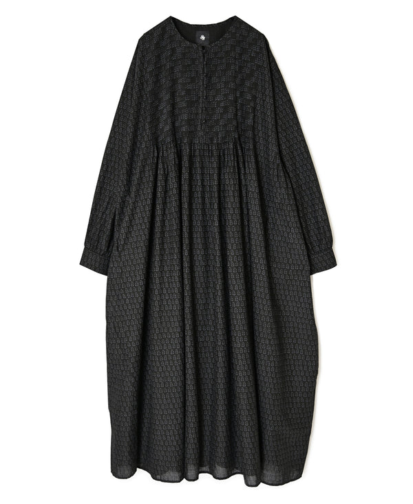 INMDS26723 80s VOILE LITTLE TREE BLOCK PRINT CREW-NECK DRESS WITH MINI PINTUCK