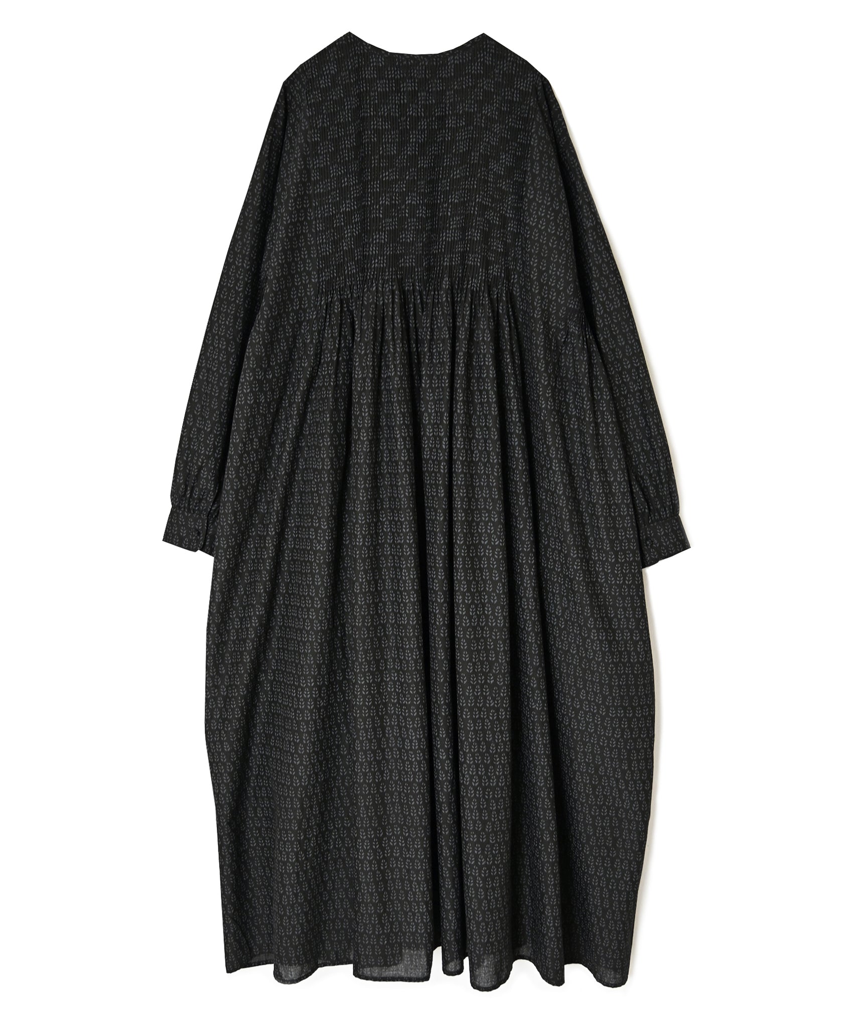INMDS26723 80s VOILE LITTLE TREE BLOCK PRINT CREW-NECK DRESS WITH MINI PINTUCK