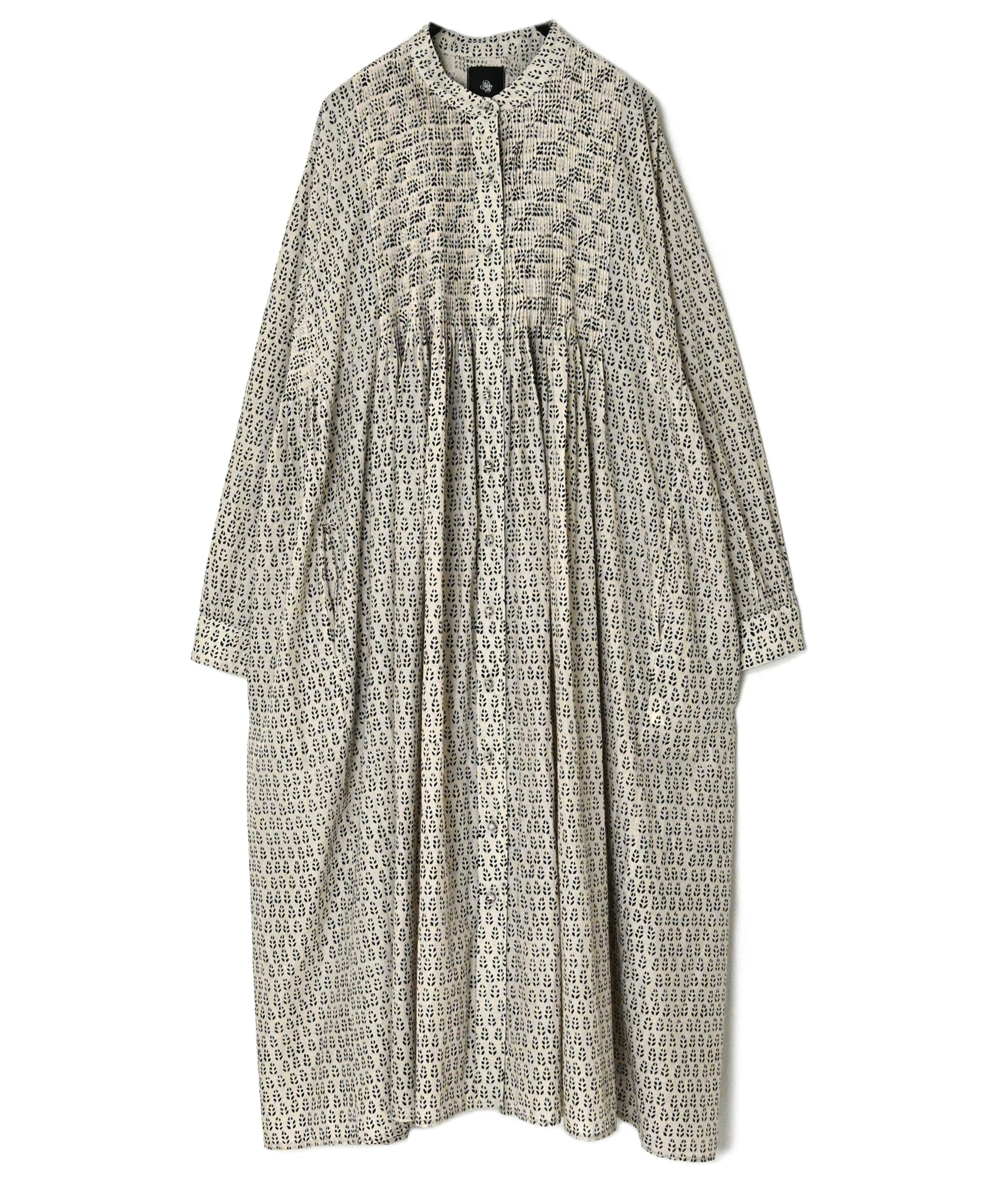 INMDS26727 80s VOILE LITTLE TREE BLOCK PRINT MINI PINTUCK BANDED COLLAR SHIRTS DRESS