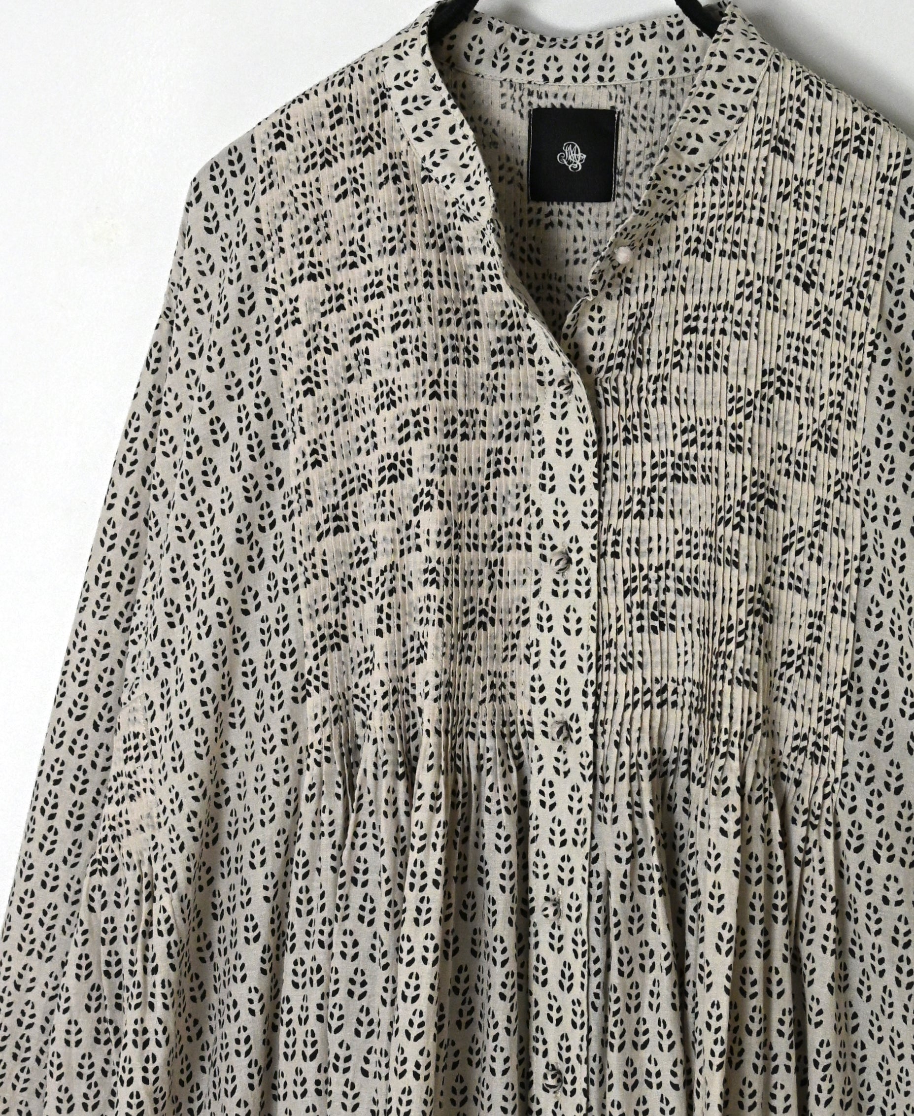 INMDS26727 80s VOILE LITTLE TREE BLOCK PRINT MINI PINTUCK BANDED COLLAR SHIRTS DRESS