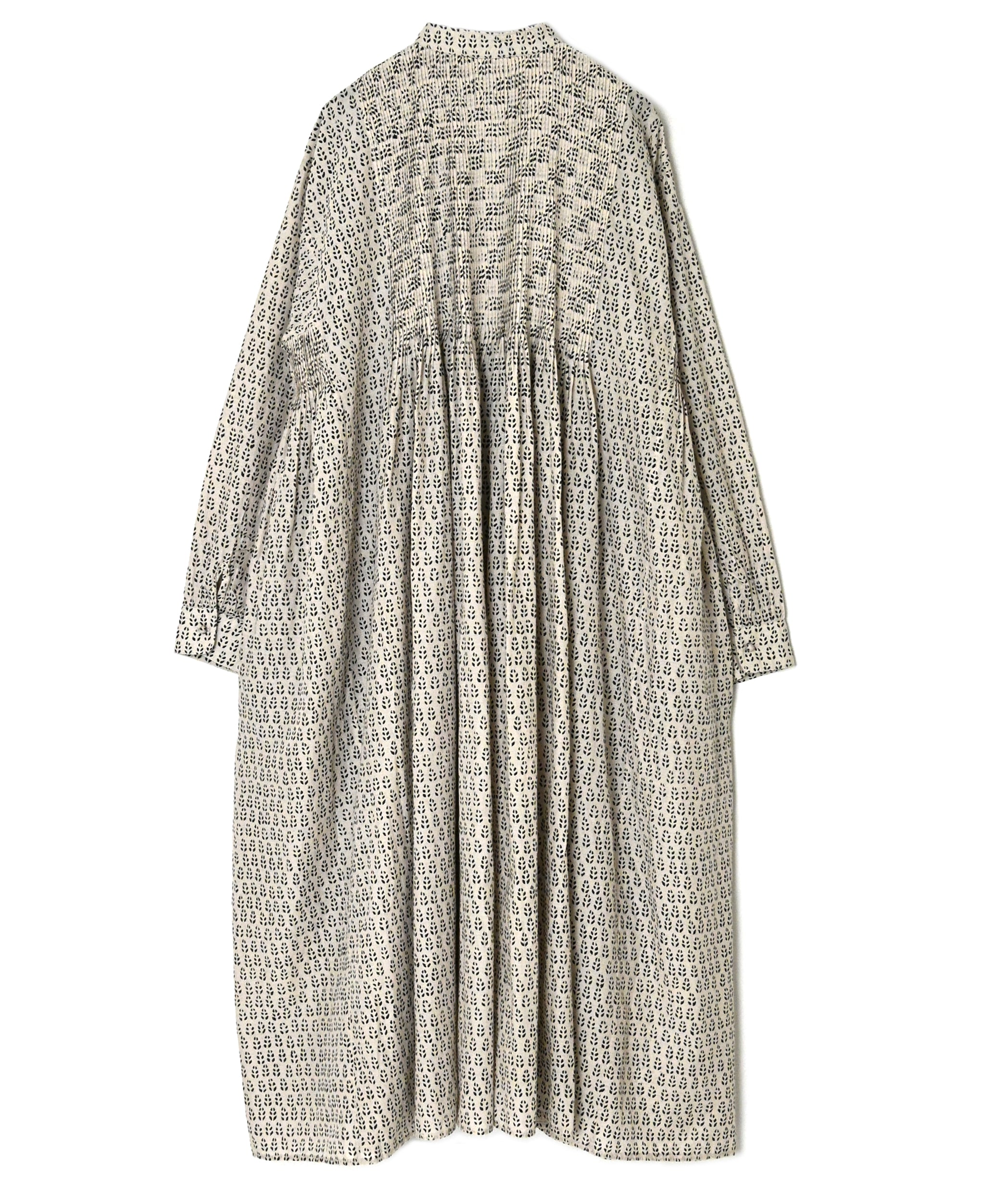INMDS26727 80s VOILE LITTLE TREE BLOCK PRINT MINI PINTUCK BANDED COLLAR SHIRTS DRESS