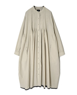 INMDS26734 HANDWOVEN HEAVY COTTON PLAIN WITH SELVAGE BANDED COLLAR SHIRTS DRESS WITH MINI PINTUCK