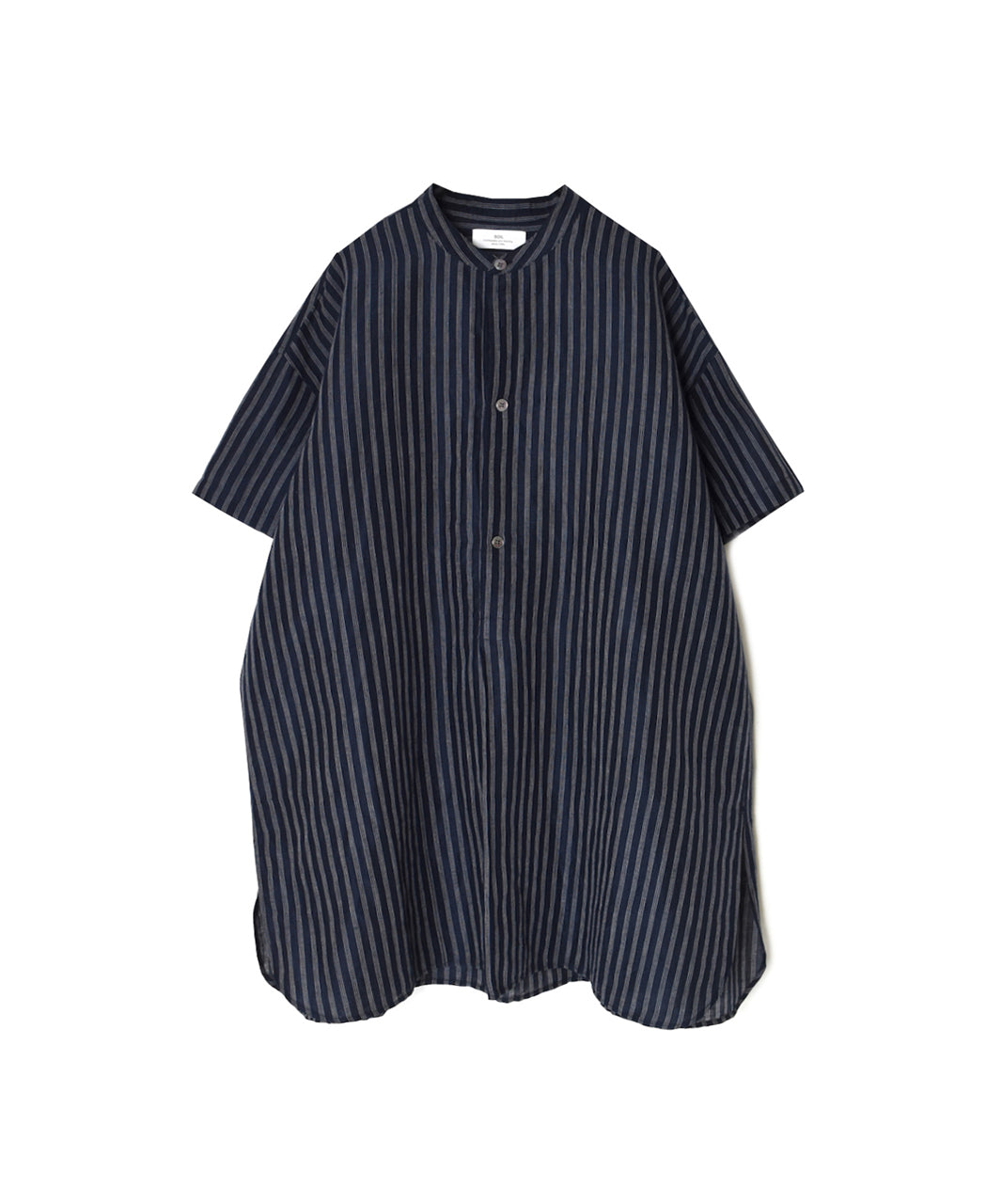 INSL26333 60s AUTO LOOM COTTON/LINEN STRIPE BANDED COLLAR S/SL TUNIC