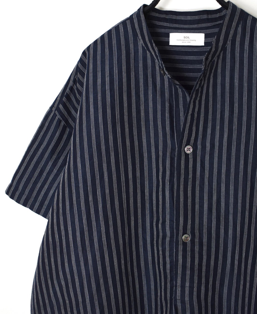 INSL26333 60s AUTO LOOM COTTON/LINEN STRIPE BANDED COLLAR S/SL TUNIC