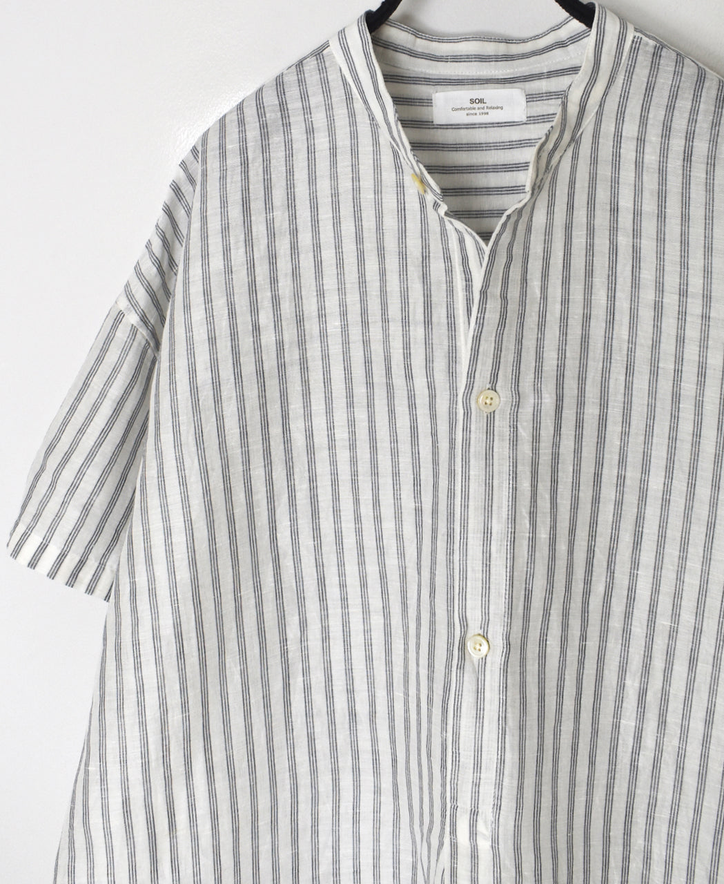 INSL26333 60s AUTO LOOM COTTON/LINEN STRIPE BANDED COLLAR S/SL TUNIC