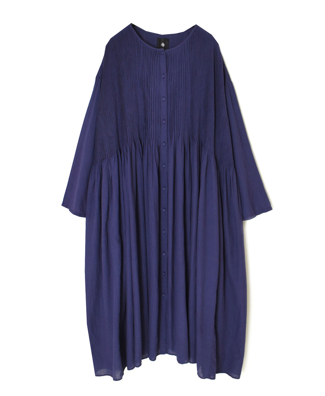 NMDS26234D 80s ORGANIC MICRO CHECK OVERDYE CREW-NECK BUTTON SHIRT MAXI DRESS WITH MINI PINTUCK
