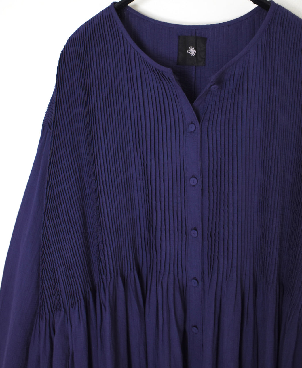 NMDS26234D 80s ORGANIC MICRO CHECK OVERDYE CREW-NECK BUTTON SHIRT MAXI DRESS WITH MINI PINTUCK