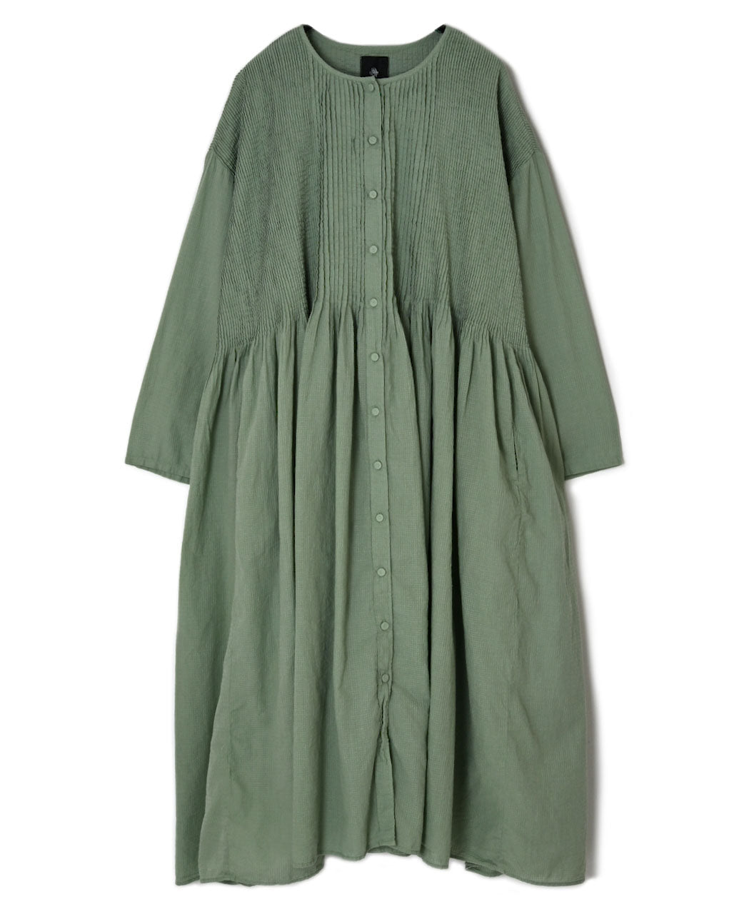 NMDS26234D 80s ORGANIC MICRO CHECK OVERDYE CREW-NECK BUTTON SHIRT MAXI DRESS WITH MINI PINTUCK