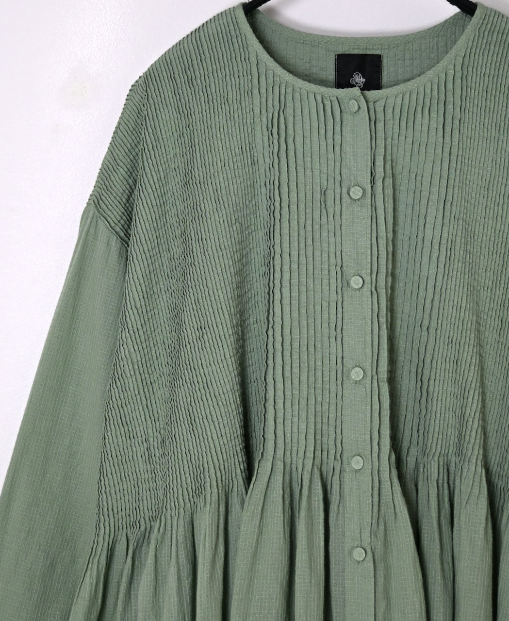 NMDS26234D 80s ORGANIC MICRO CHECK OVERDYE CREW-NECK BUTTON SHIRT MAXI DRESS WITH MINI PINTUCK