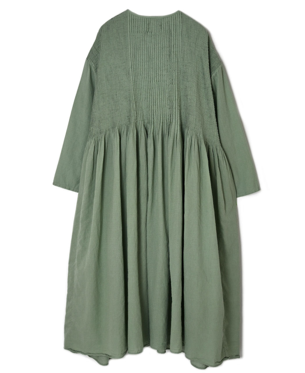 NMDS26234D 80s ORGANIC MICRO CHECK OVERDYE CREW-NECK BUTTON SHIRT MAXI DRESS WITH MINI PINTUCK