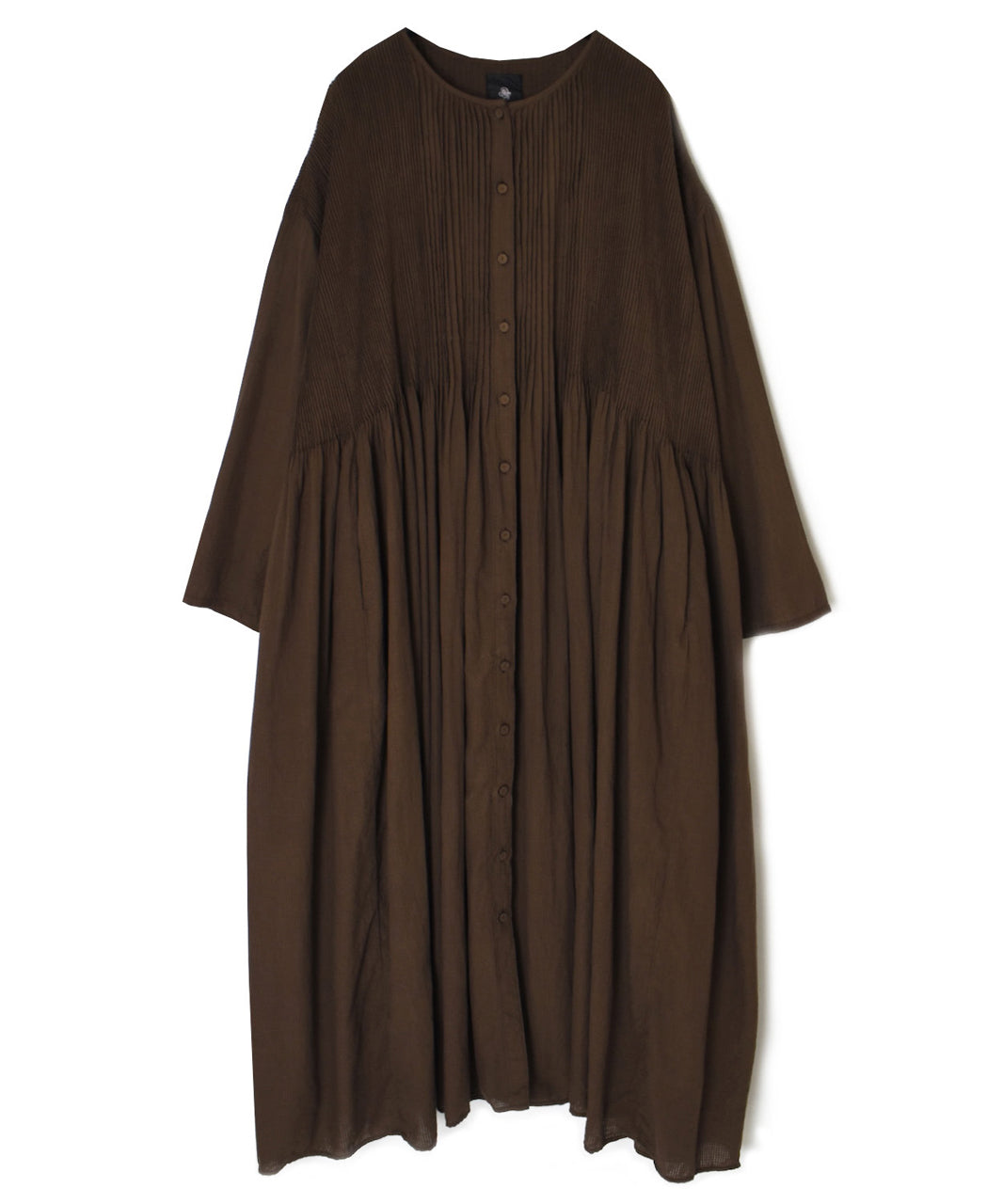 NMDS26234D 80s ORGANIC MICRO CHECK OVERDYE CREW-NECK BUTTON SHIRT MAXI DRESS WITH MINI PINTUCK