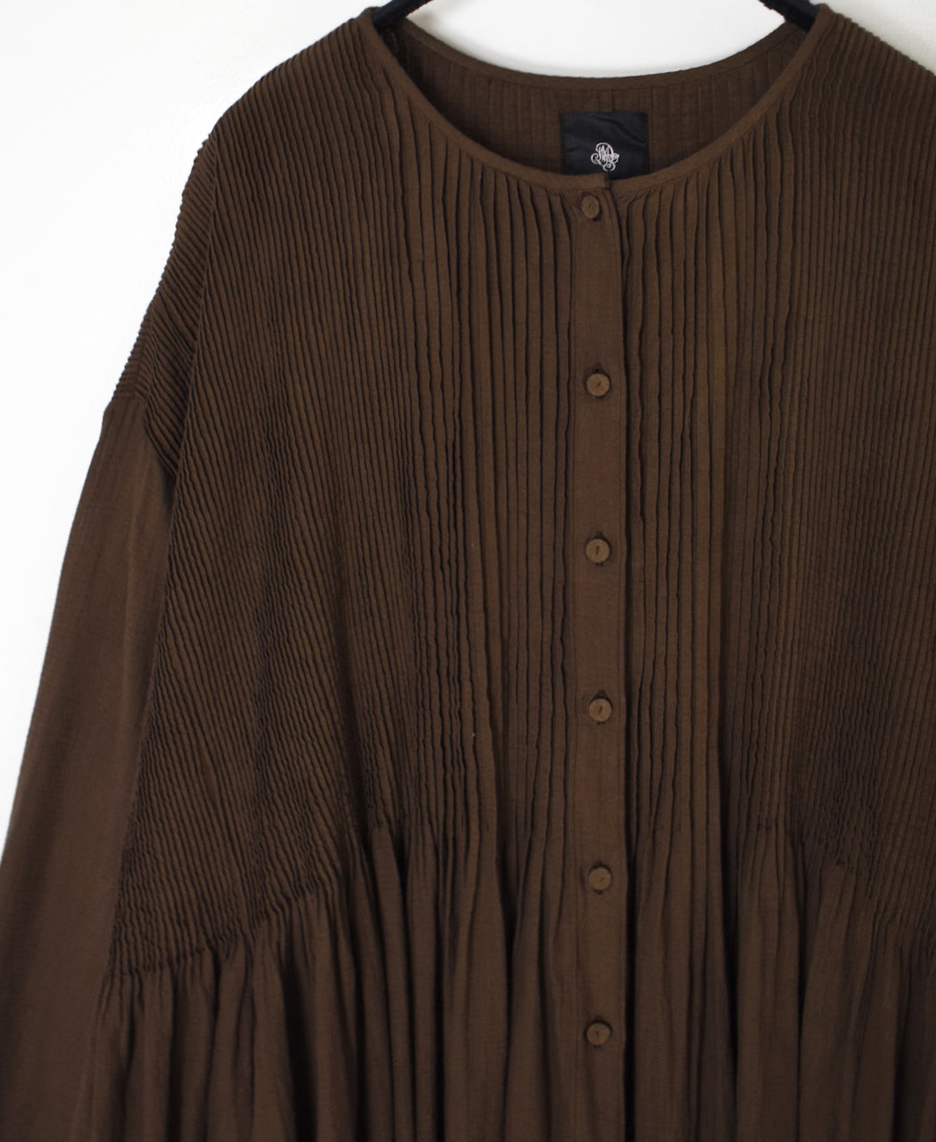 NMDS26234D 80s ORGANIC MICRO CHECK OVERDYE CREW-NECK BUTTON SHIRT MAXI DRESS WITH MINI PINTUCK