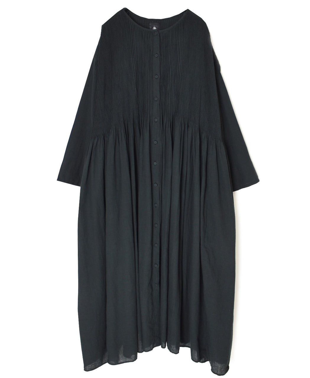 NMDS26234D 80s ORGANIC MICRO CHECK OVERDYE CREW-NECK BUTTON SHIRT MAXI DRESS WITH MINI PINTUCK