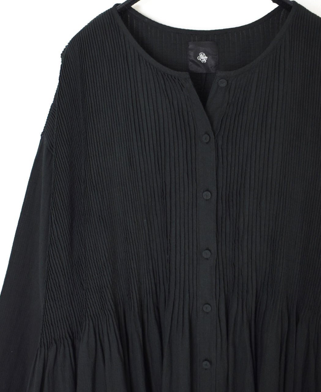NMDS26234D 80s ORGANIC MICRO CHECK OVERDYE CREW-NECK BUTTON SHIRT MAXI DRESS WITH MINI PINTUCK