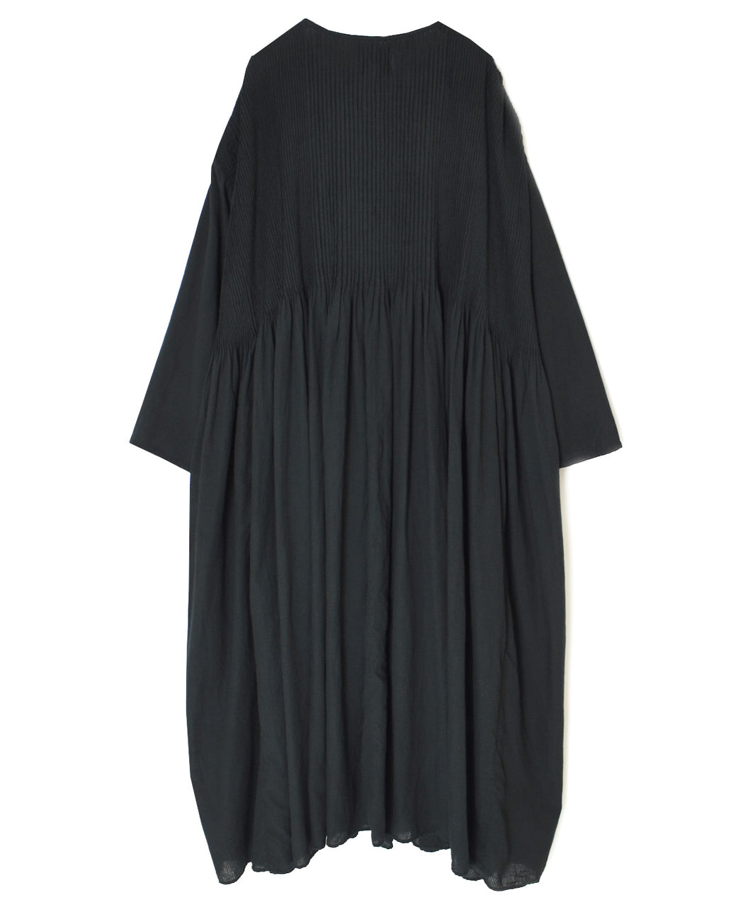 NMDS26234D 80s ORGANIC MICRO CHECK OVERDYE CREW-NECK BUTTON SHIRT MAXI DRESS WITH MINI PINTUCK