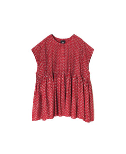 NMDS26252 80s VOILE SMALL GENTIANA BLOCK PRINT CREW-NECK BUTTON F/SLEEVE SHIRT WITH PINTUCK