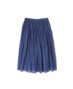 NMDS26254 80s VOILE SMALL GENTIANA BLOCK PRINT GATHERED SKIRT WITH LINING