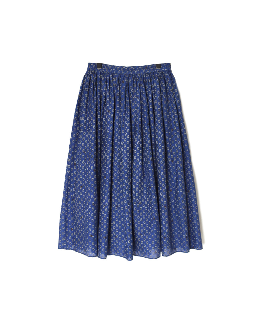 NMDS26254 80s VOILE SMALL GENTIANA BLOCK PRINT GATHERED SKIRT WITH LINING