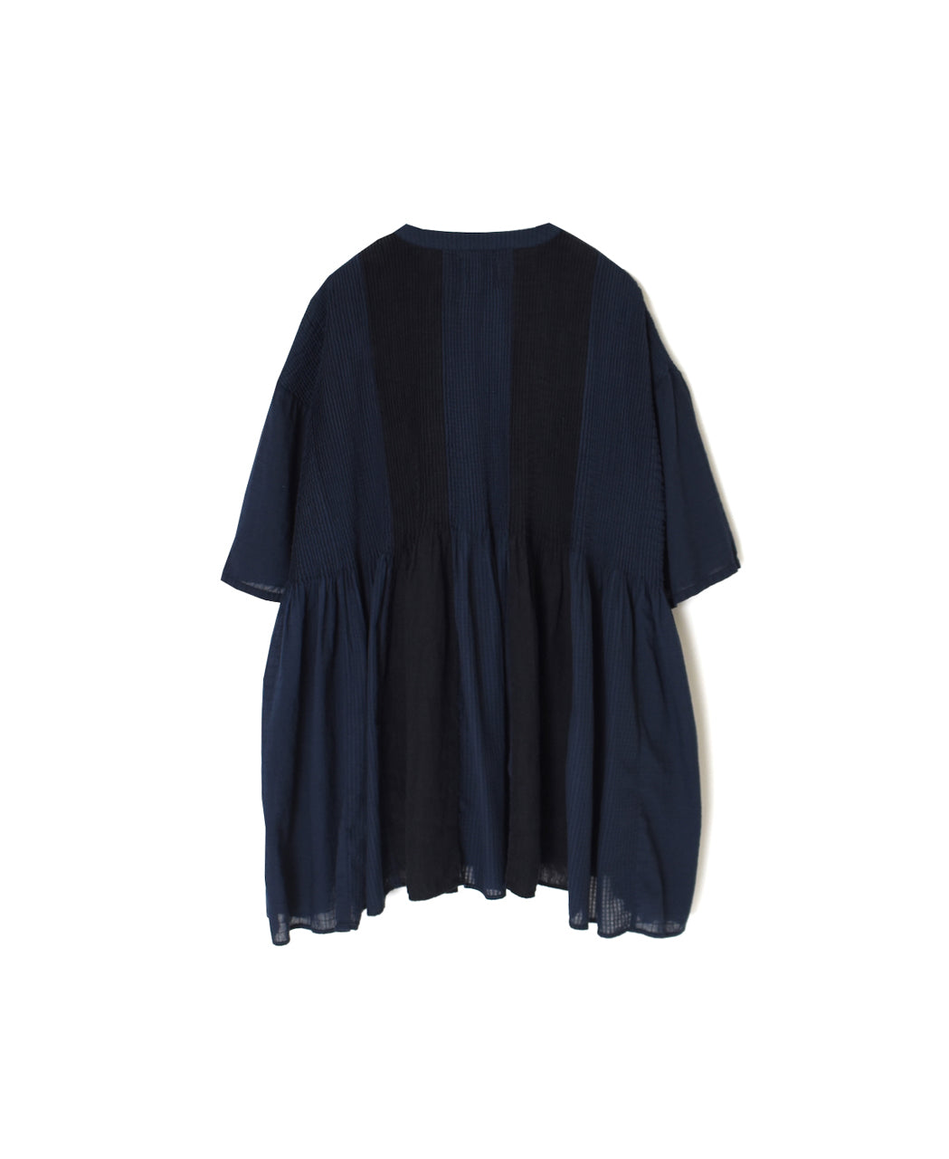NMDS26262D ORGANIC COTTON/LINEN PATCHWORK OVERDYE V-NECK S/SLEEVE SHIRT WITH MINI PINTUCK