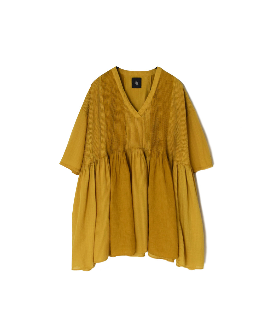 NMDS26262D ORGANIC COTTON/LINEN PATCHWORK OVERDYE V-NECK S/SLEEVE SHIRT WITH MINI PINTUCK