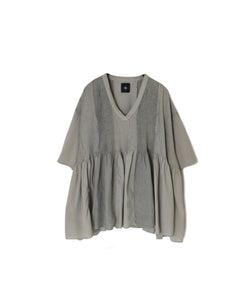 NMDS26262D ORGANIC COTTON/LINEN PATCHWORK OVERDYE V-NECK S/SLEEVE SHIRT WITH MINI PINTUCK