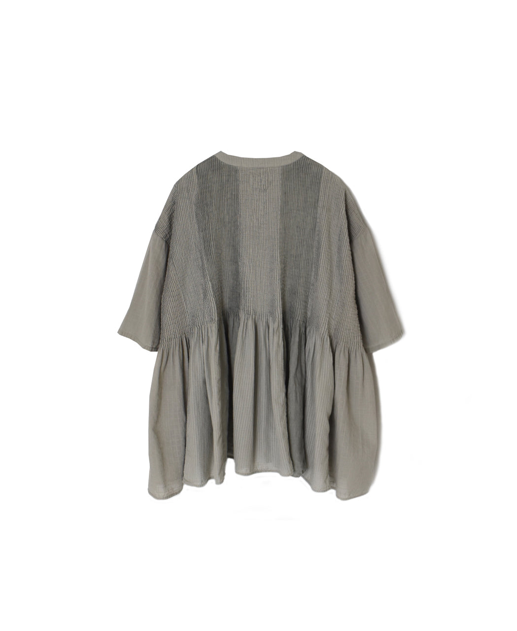NMDS26262D ORGANIC COTTON/LINEN PATCHWORK OVERDYE V-NECK S/SLEEVE SHIRT WITH MINI PINTUCK