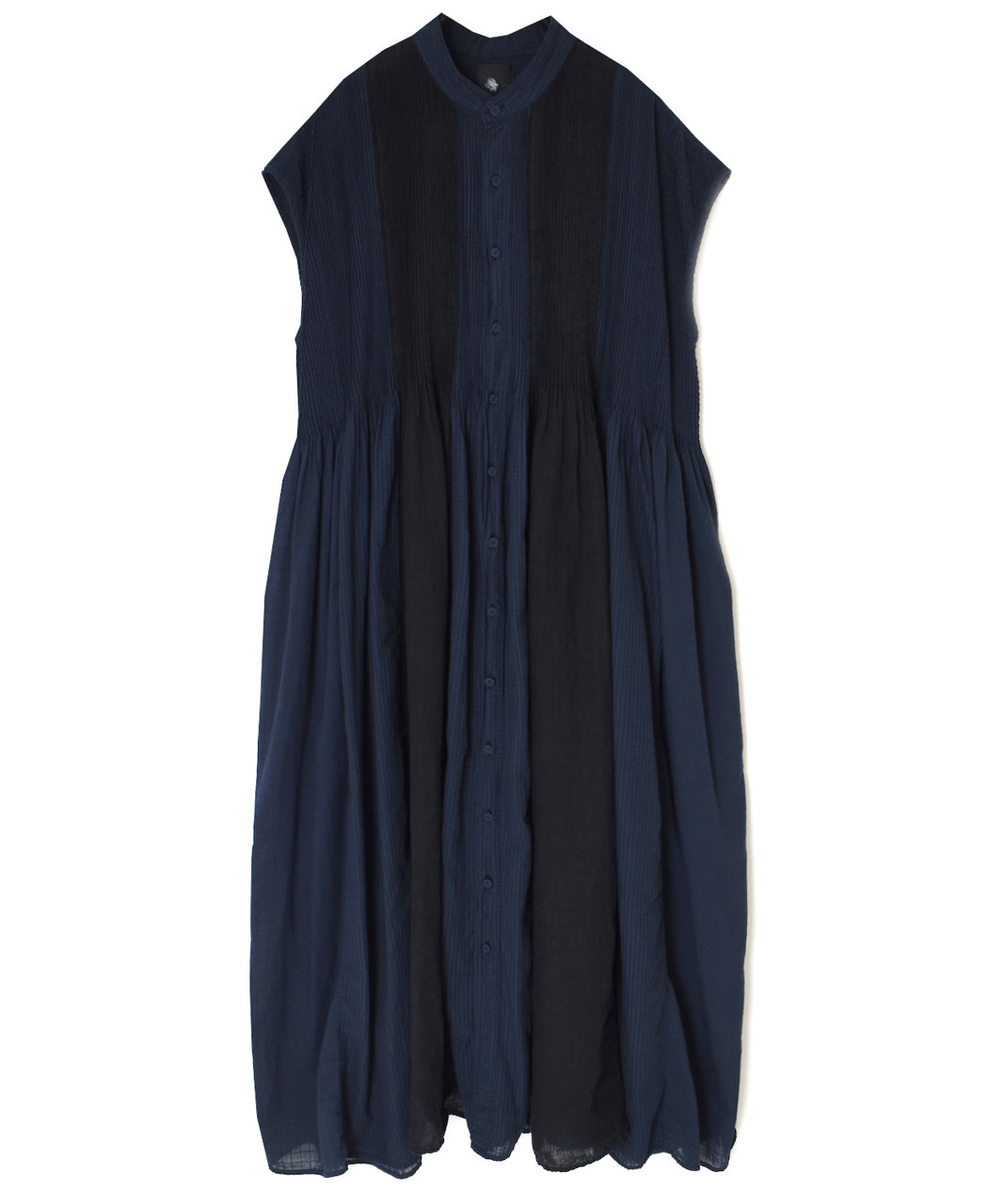 NMDS26264D ORGANIC COTTON/LINEN PATCHWORK OVERDYE BANDED F/SLEEVE SHIRT DRESS WITH MINI PINTUCK