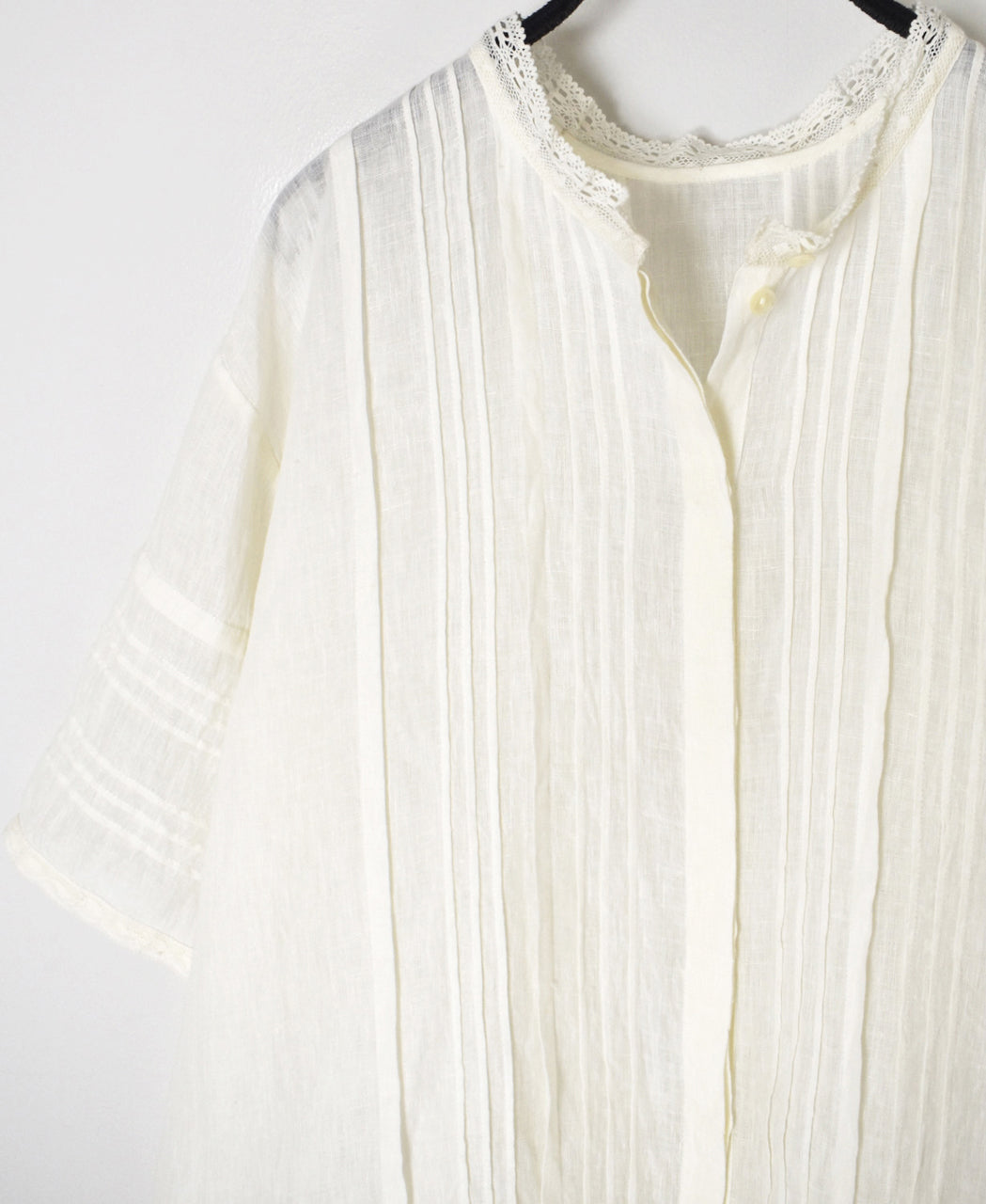 NMDS26271 80s POWER LOOM LINEN PLAIN LACE PINTUCK HALF/SLEEVE 2WAY SHIRT