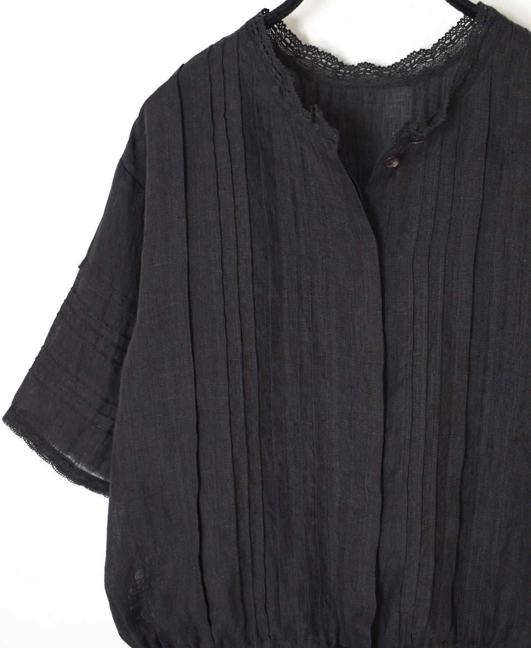 NMDS26271 80s POWER LOOM LINEN PLAIN LACE PINTUCK HALF/SLEEVE 2WAY SHIRT