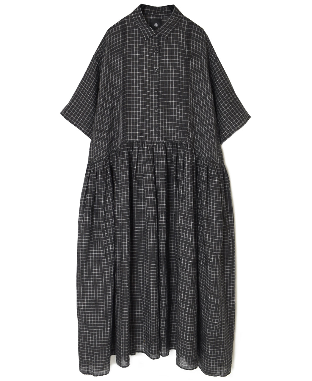 NMDS26284 80s POWER LOOM LINEN CHECK REGULAR COLLAR DRESS WITH RAJASTAN GATHER