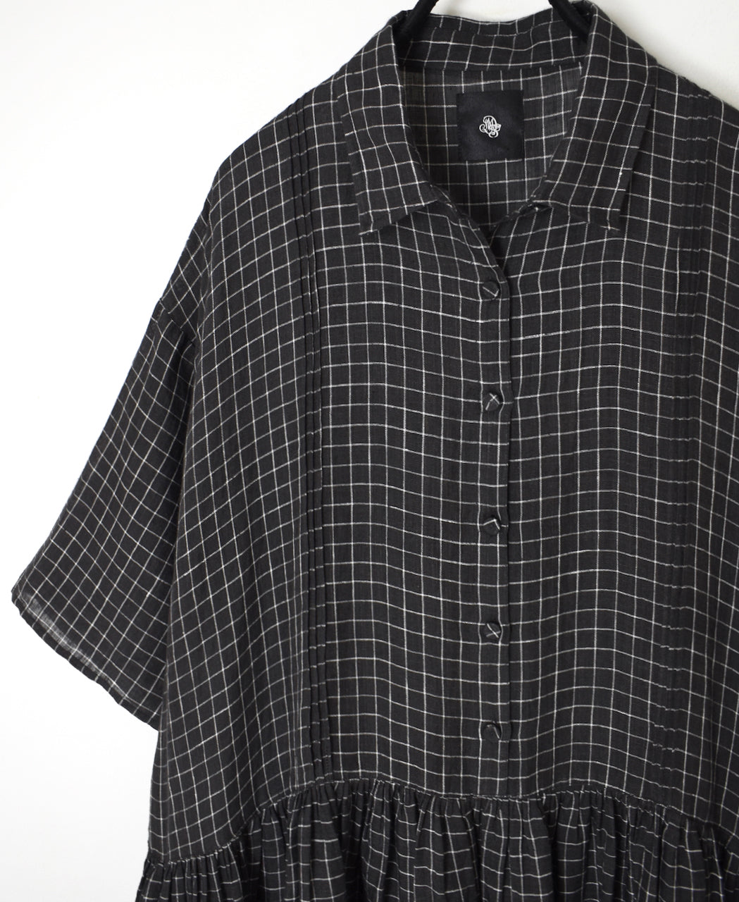 NMDS26284 80s POWER LOOM LINEN CHECK REGULAR COLLAR DRESS WITH RAJASTAN GATHER