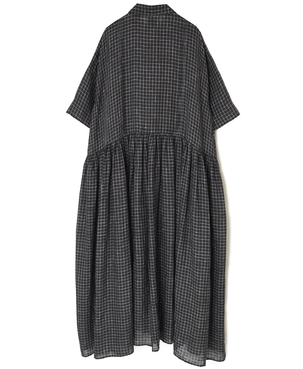 NMDS26284 80s POWER LOOM LINEN CHECK REGULAR COLLAR DRESS WITH RAJASTAN GATHER