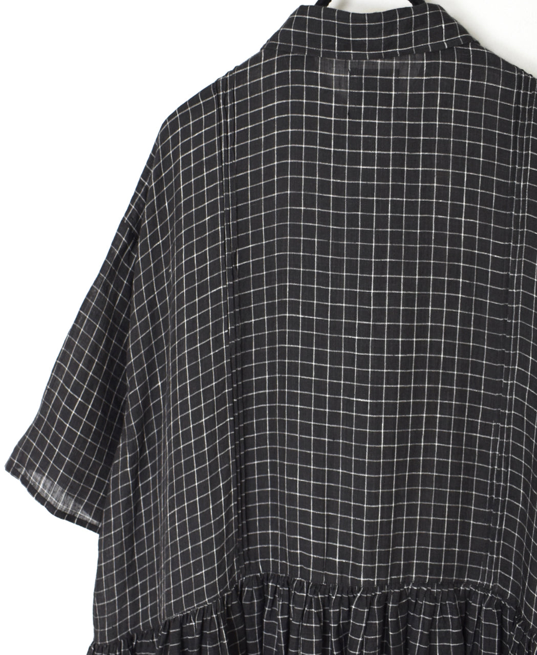 NMDS26284 80s POWER LOOM LINEN CHECK REGULAR COLLAR DRESS WITH RAJASTAN GATHER