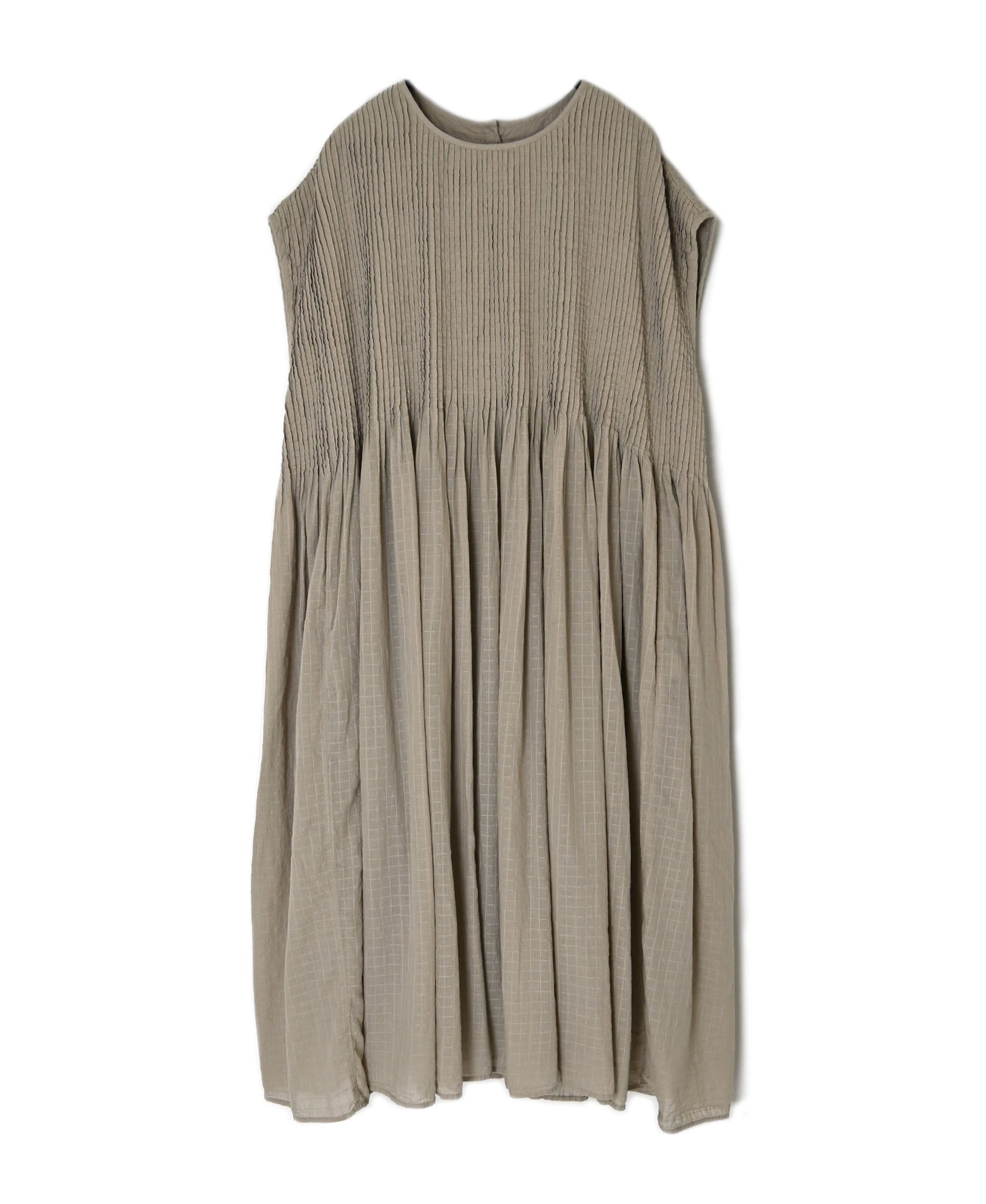 NMDS26503D 80s ORGANIC DOBIE CHECK OVERDYE CREW-NECK F/SL DRESS WITH PINTUCK