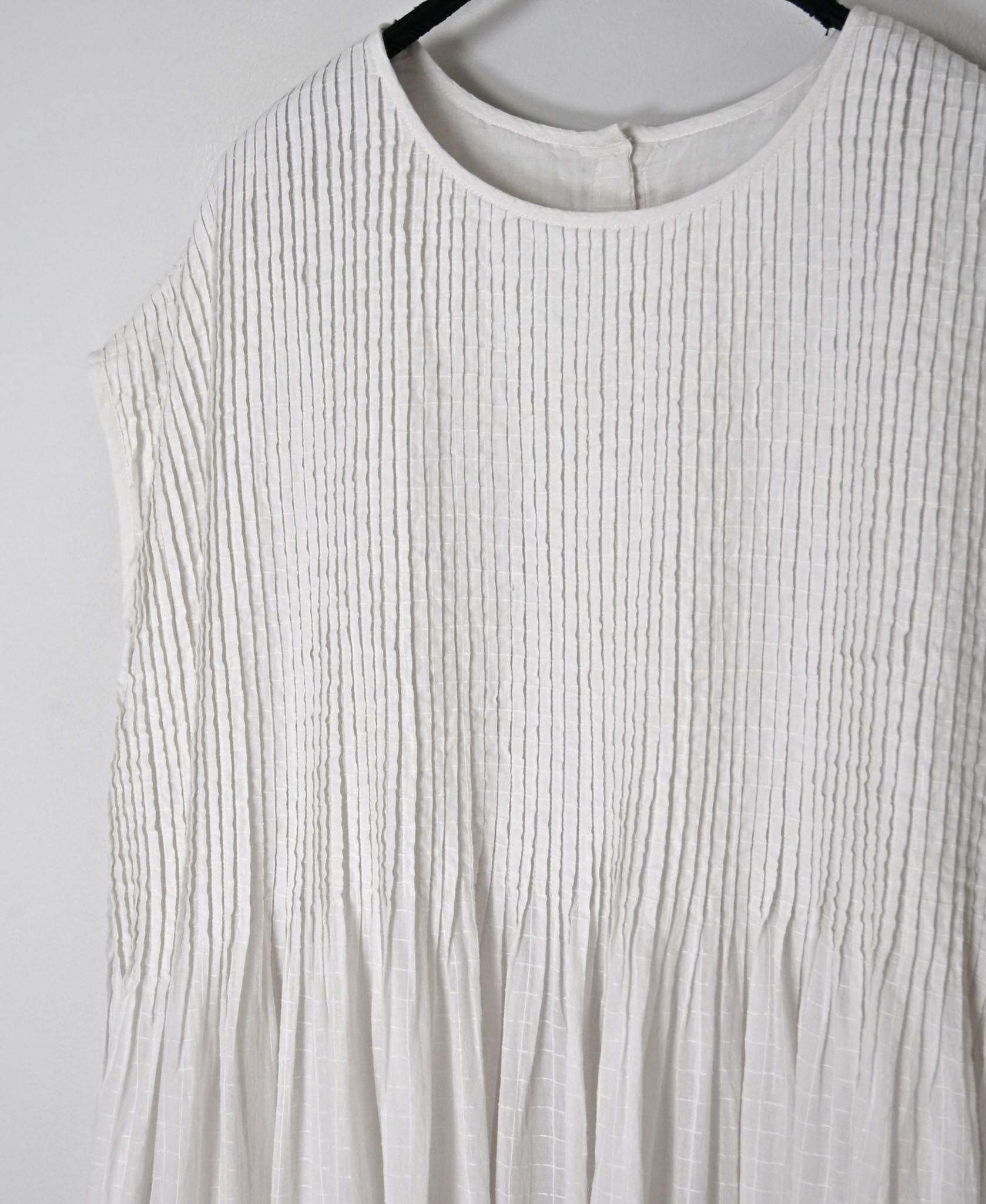 NMDS26503D 80s ORGANIC DOBIE CHECK OVERDYE CREW-NECK F/SL DRESS WITH PINTUCK
