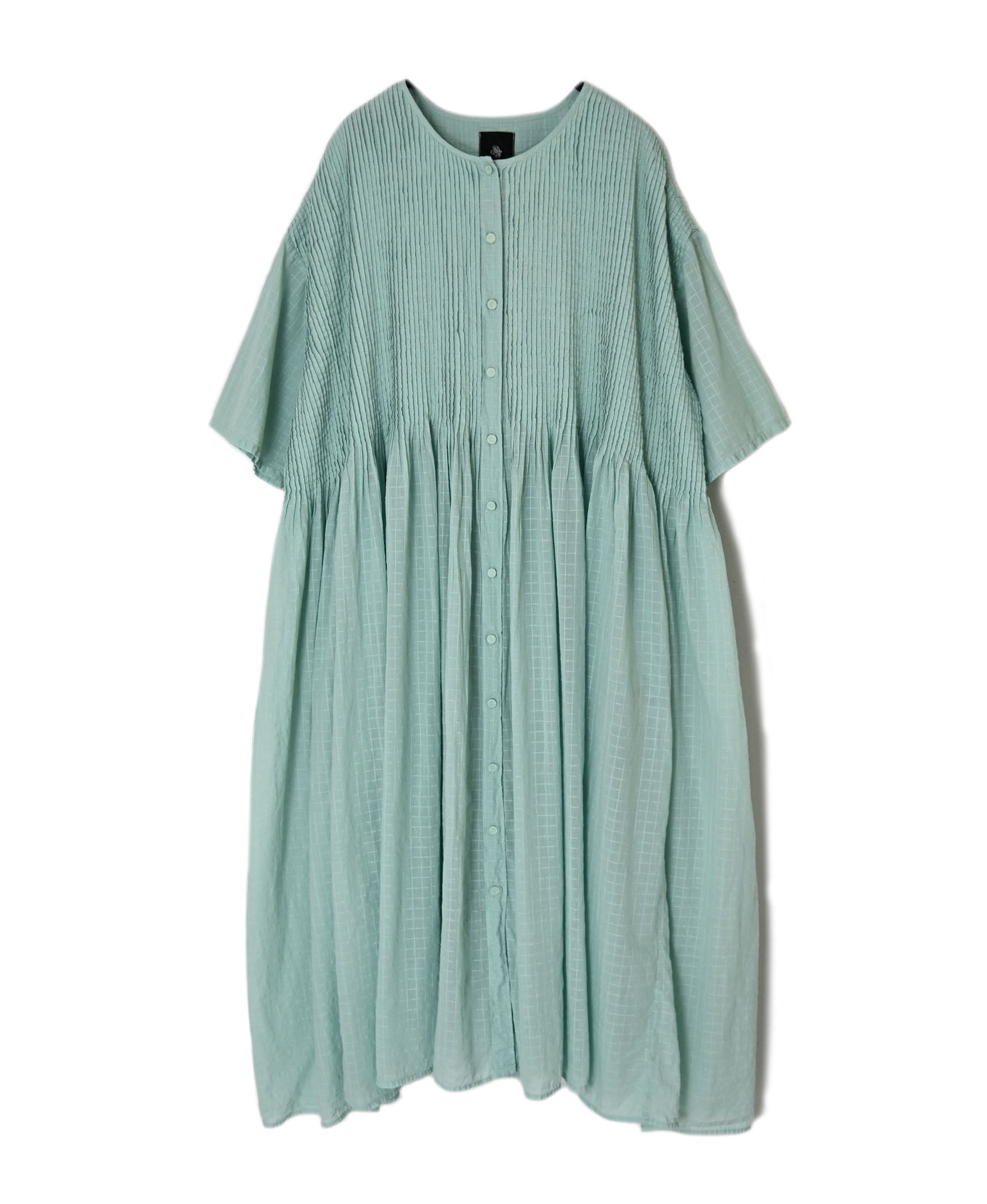 NMDS26504D 80s ORGANIC DOBIE CHECK OVERDYE CREW-NECK BUTTON SHIRT MAXI DRESS WITH PINTUCK