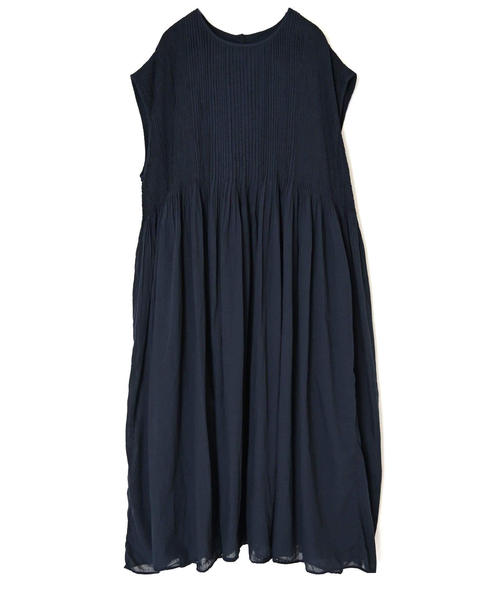 NMDS26513D 80s ORGANIC VOILE STRIPE (OVERDYE) CREW-NECK F/SL DRESS WITH PINTUCK