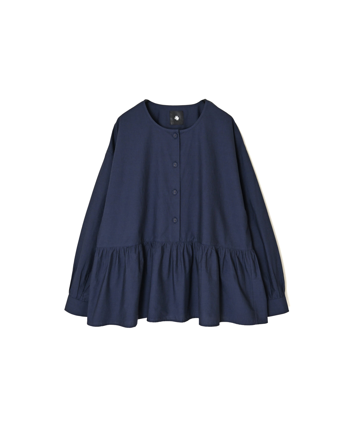 NMDS26532 60s ORGANIC POPLIN PLAIN CREW-NECK BUTTON GATHERED SHIRT