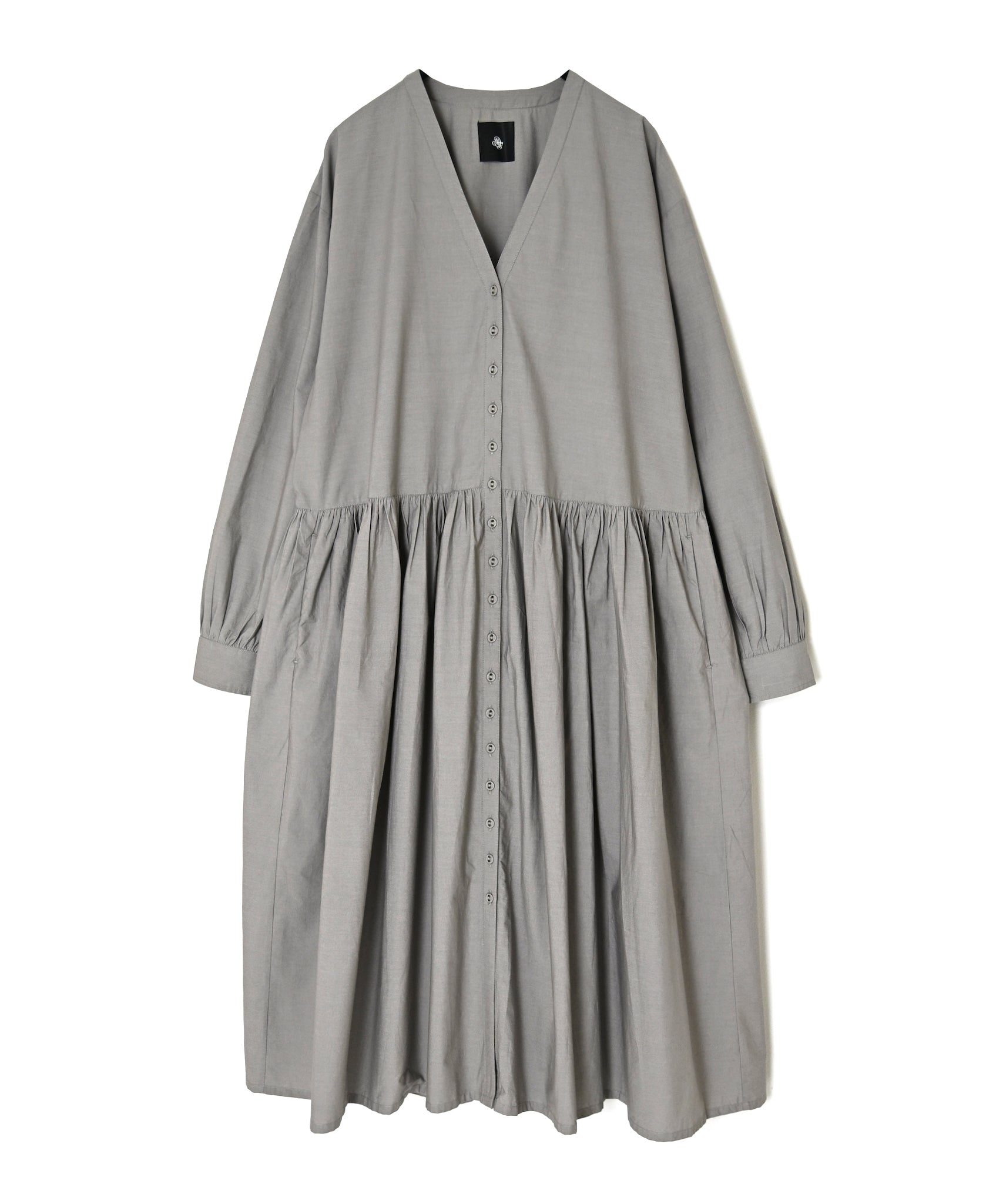 NMDS26534 60s ORGANIC POPLIN PLAIN GATHERED V-NECK DRESS