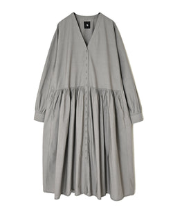 NMDS26534 60s ORGANIC POPLIN PLAIN GATHERED V-NECK DRESS
