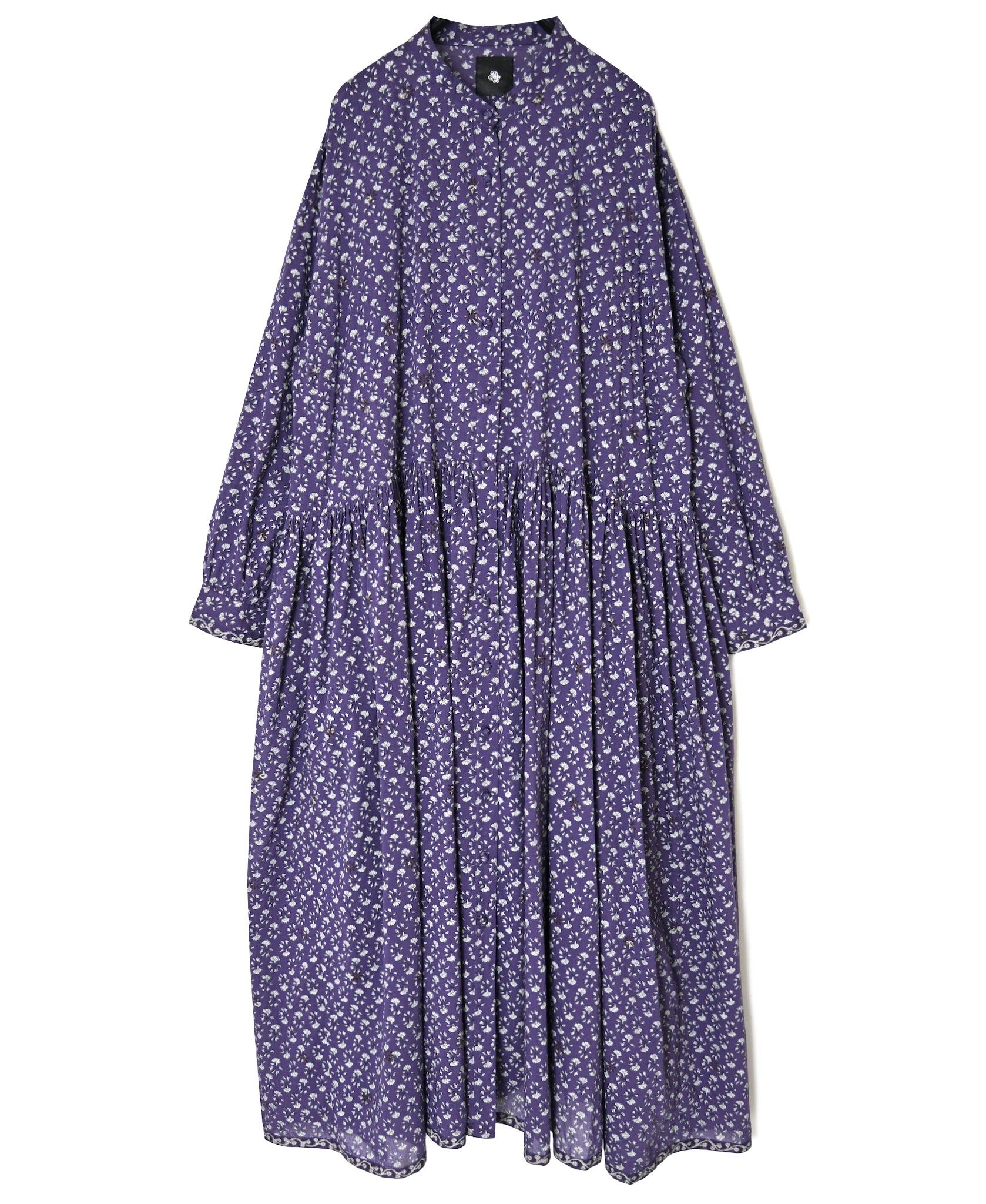 NMDS26544 80s ORGANIC VOILE GENTIANA BLOCK PRINT BANDED COLLAR DRESS WITH RAJASTHAN GATHER