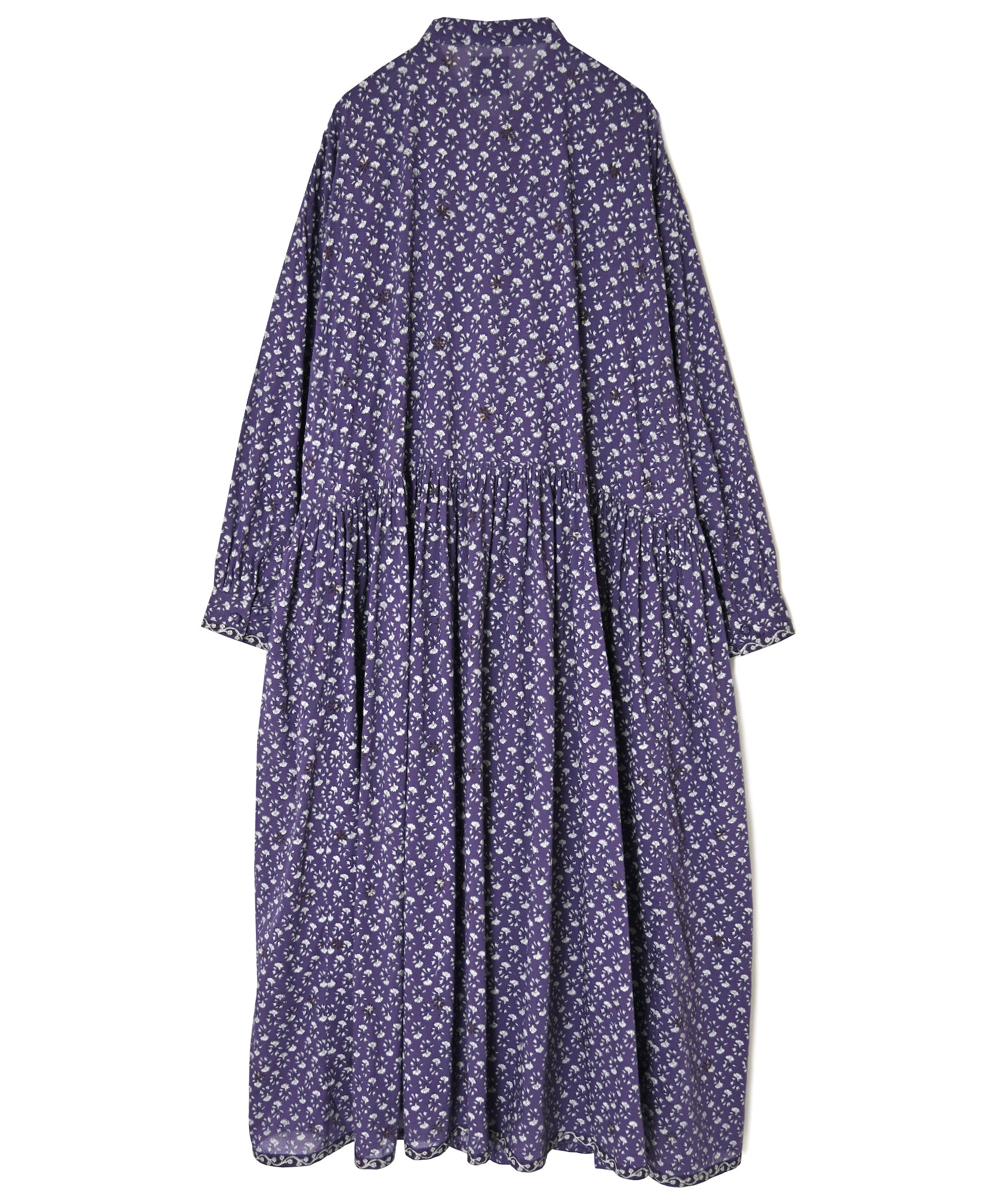 NMDS26544 80s ORGANIC VOILE GENTIANA BLOCK PRINT BANDED COLLAR DRESS WITH RAJASTHAN GATHER