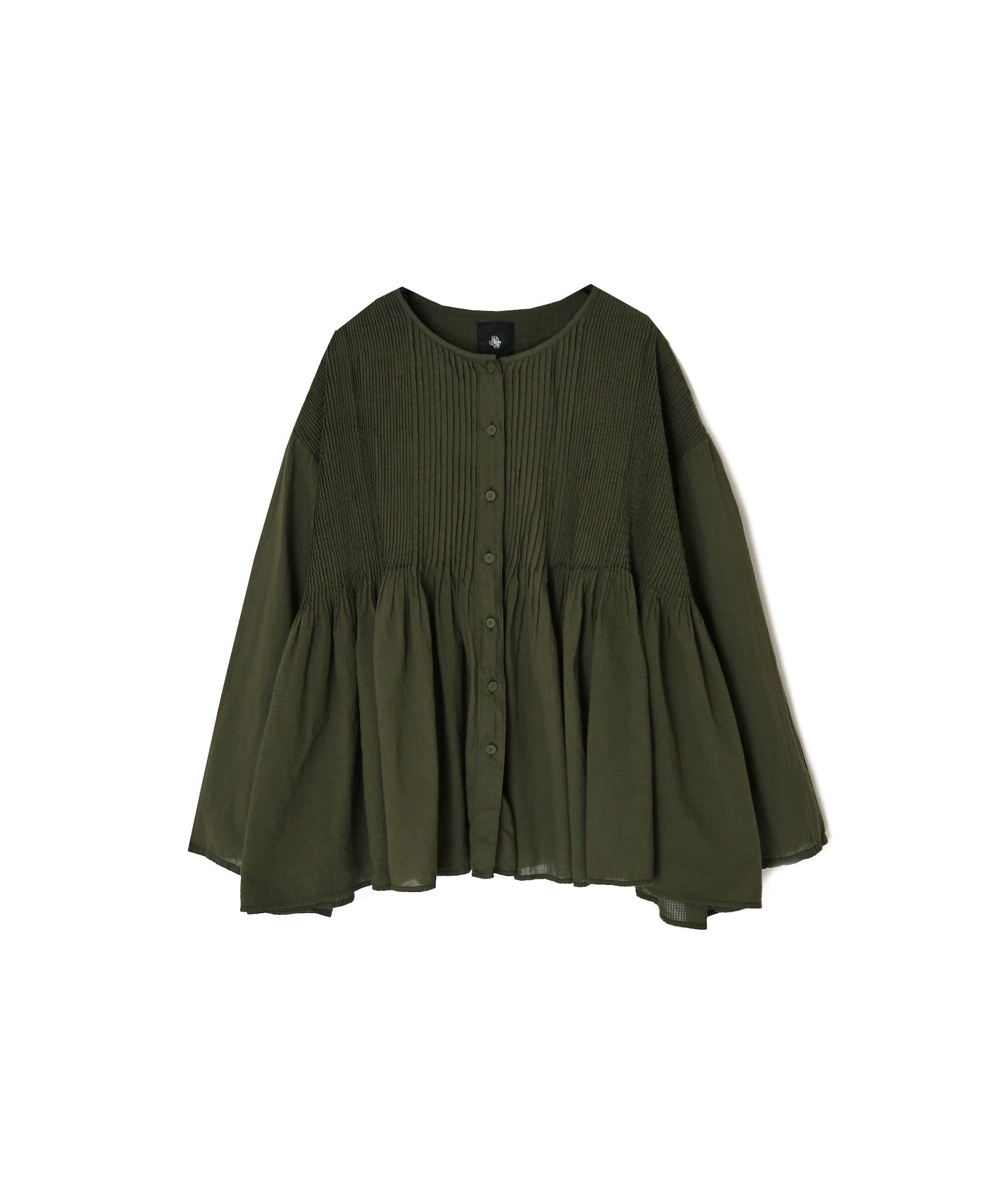 NMDS26603D ORGANIC MICRO CHECK&VOILE PLAIN PATCHWORK OVERDYE CREW-NECK BUTTON SHIRT WITH PINTUCK