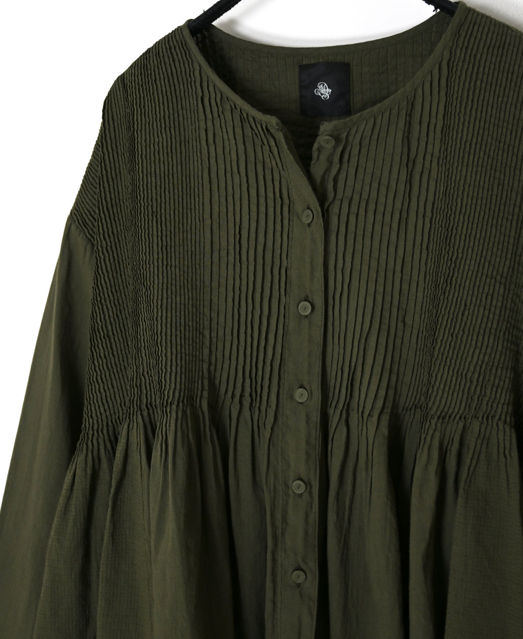 NMDS26603D ORGANIC MICRO CHECK&VOILE PLAIN PATCHWORK OVERDYE CREW-NECK BUTTON SHIRT WITH PINTUCK