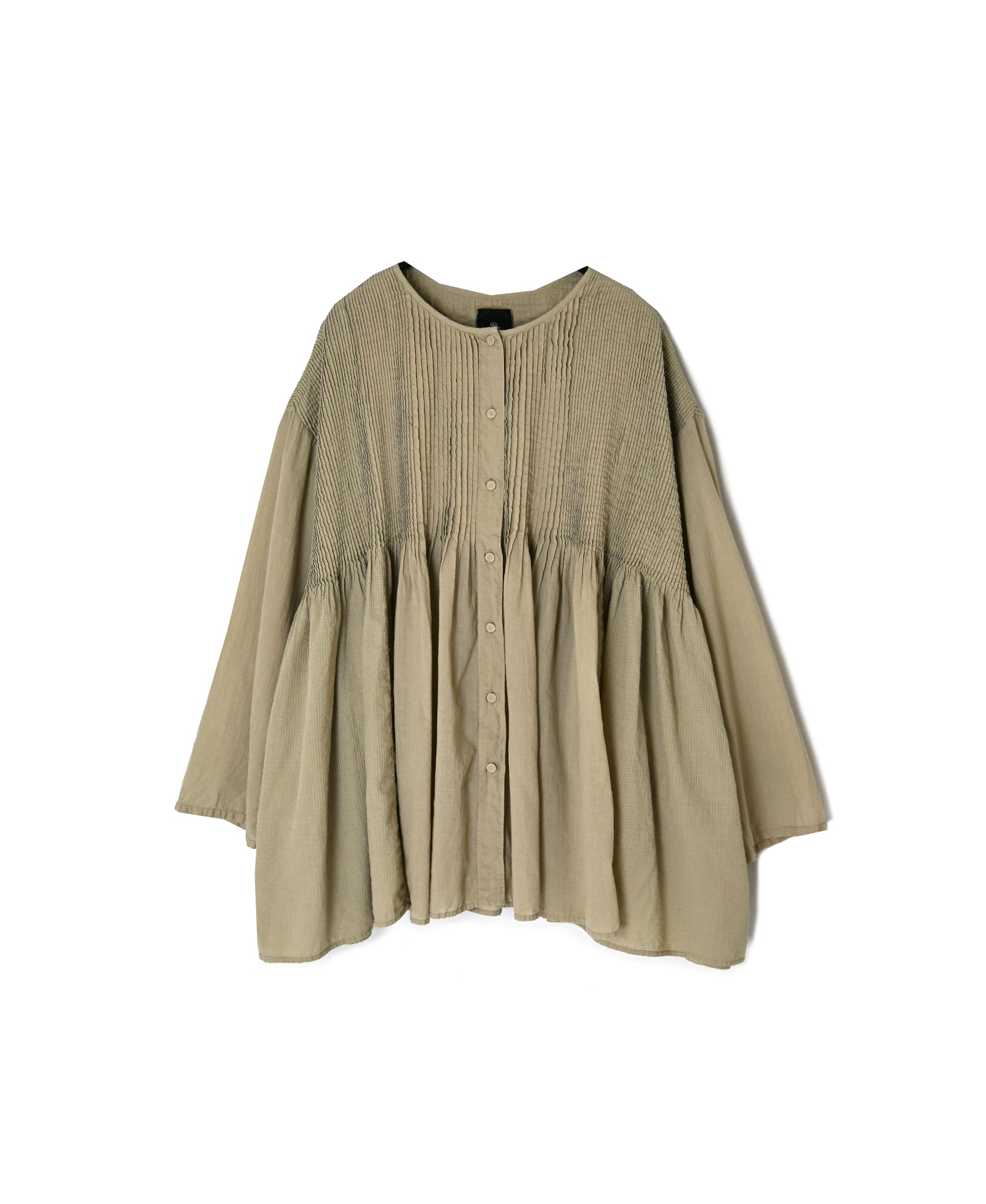 NMDS26603D ORGANIC MICRO CHECK&VOILE PLAIN PATCHWORK OVERDYE CREW-NECK BUTTON SHIRT WITH PINTUCK