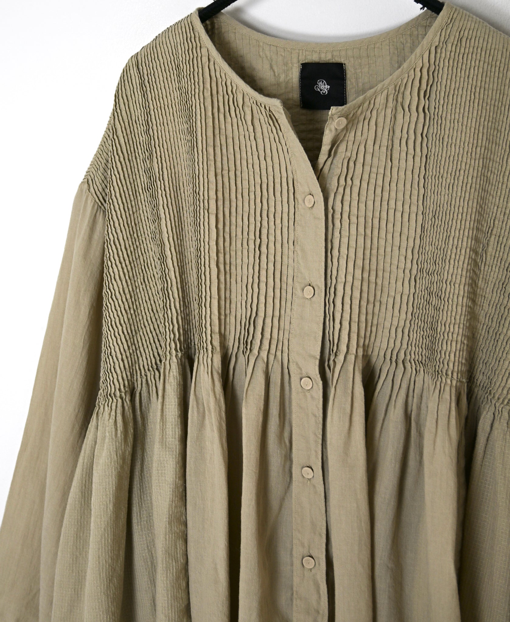 NMDS26603D ORGANIC MICRO CHECK&VOILE PLAIN PATCHWORK OVERDYE CREW-NECK BUTTON SHIRT WITH PINTUCK