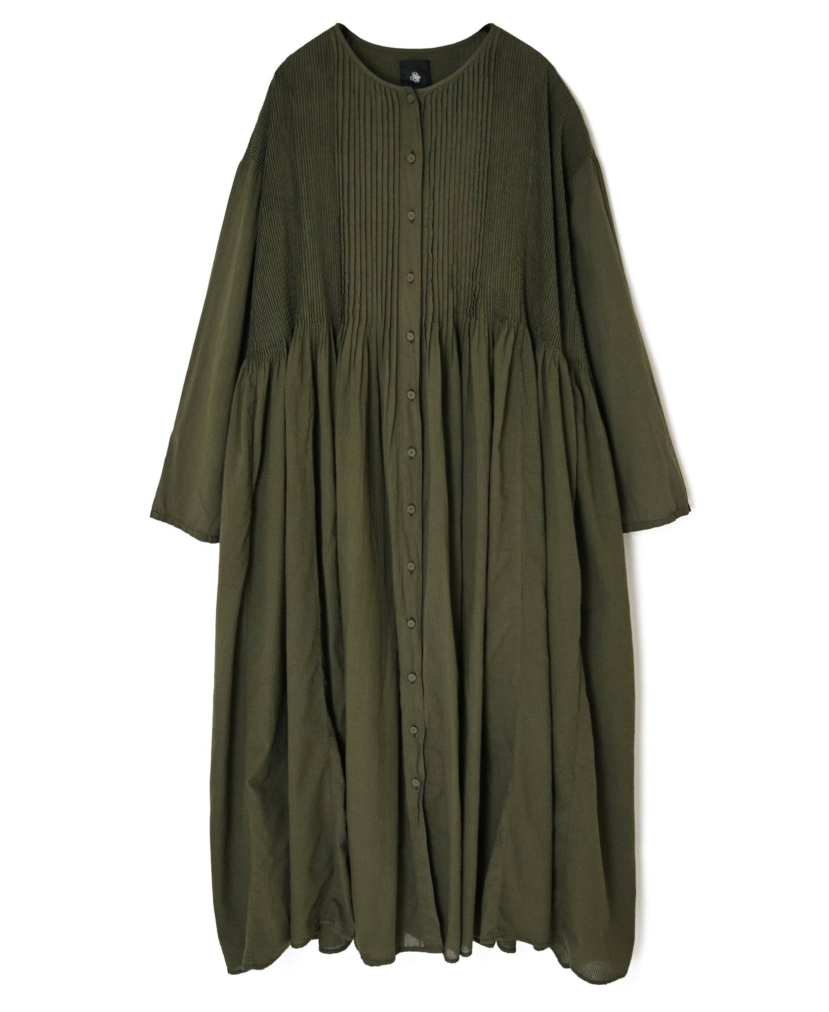 NMDS26604D ORGANIC MICRO CHECK&VOILE PLAIN PATCHWORK OVERDYE CREW-NECK BUTTON SHIRT MAXI DRESS WITH PINTUCK