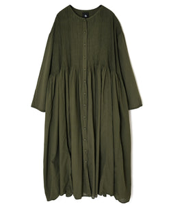 NMDS26604D ORGANIC MICRO CHECK&VOILE PLAIN PATCHWORK OVERDYE CREW-NECK BUTTON SHIRT MAXI DRESS WITH PINTUCK