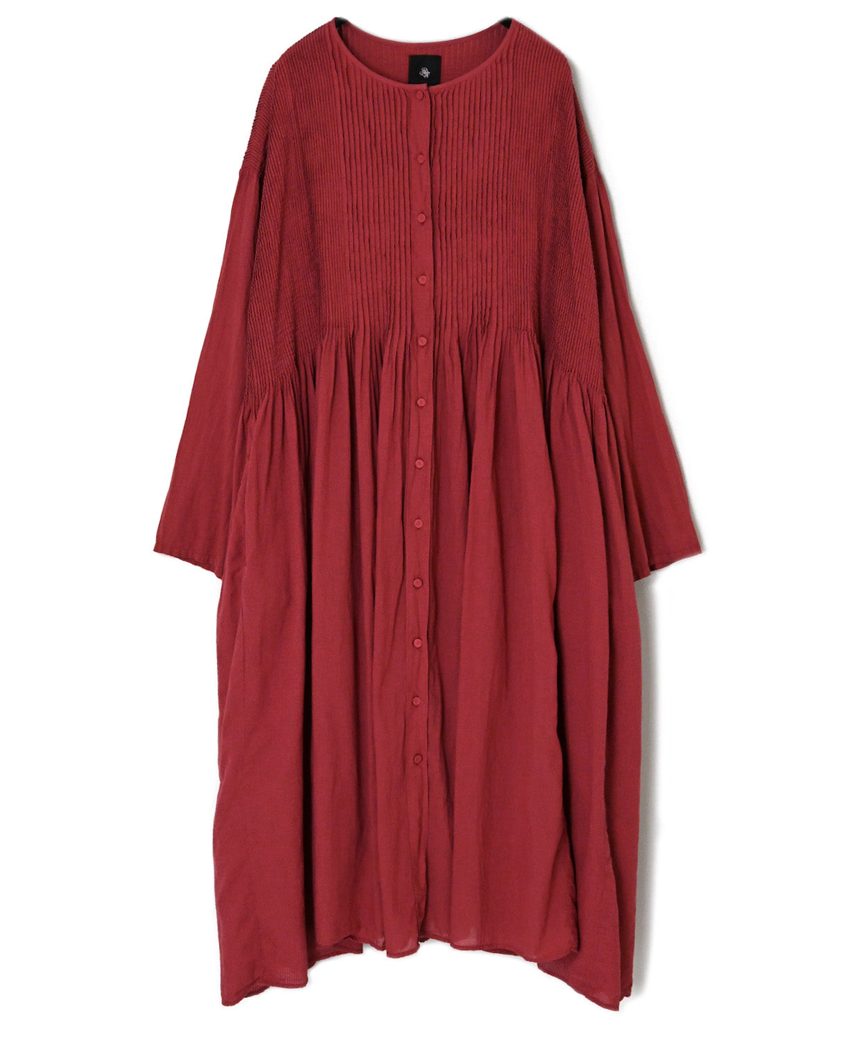 NMDS26604D ORGANIC MICRO CHECK&VOILE PLAIN PATCHWORK OVERDYE CREW-NECK BUTTON SHIRT MAXI DRESS WITH PINTUCK