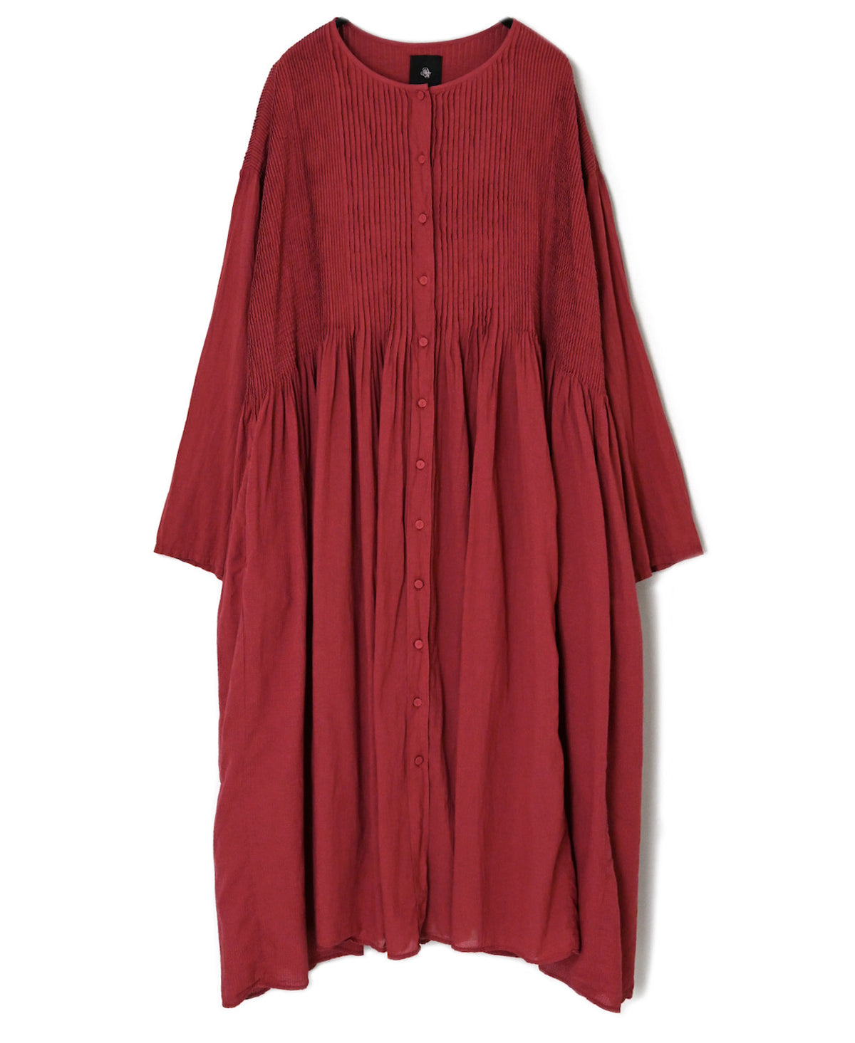 NMDS26604D ORGANIC MICRO CHECK&VOILE PLAIN PATCHWORK OVERDYE CREW-NECK BUTTON SHIRT MAXI DRESS WITH PINTUCK